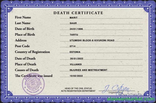 Estonia death certificate PSD template